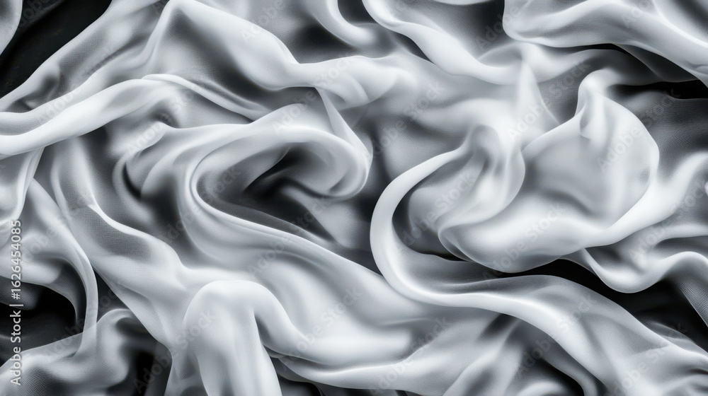 Poster elegant white and gray sheer fabric draped in soft folds. smooth wavy abstract cloth texture for bac