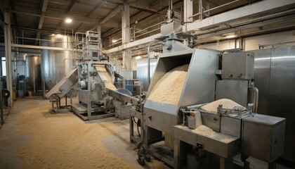 Industrial grain processing machine with conveyor belt and mixer. Large bins on either side contain grains. Machine situated in spacious room with high ceilings and walls, concrete floor.