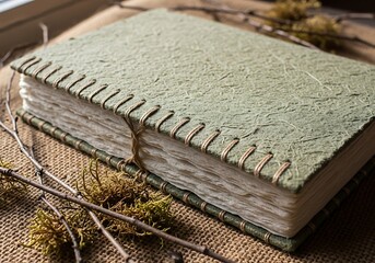 A close-up shot of a handmade journal with textured green cover.