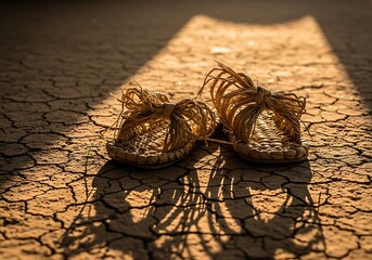 Pair of handmade straw sandals resting on cracked, dry earth under a beam of sunlight.