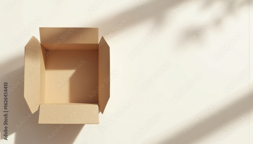 Poster cardboard box on gray surface, open with empty interior. box shape, surface texture, and minimal des