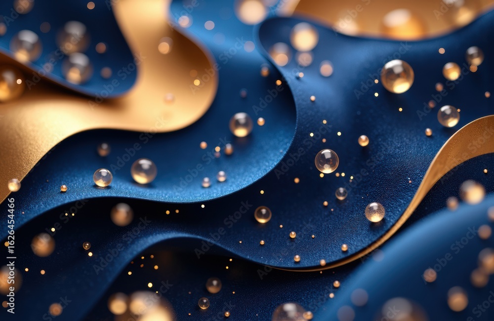 Poster colorful metallic ribbons with water droplets creating a dynamic abstract pattern
