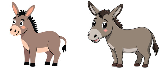 Fototapeta premium Cute donkey vector, cartoon burro, farm animal, isolated character, cheerful, happy, funny mascot, pet, stubborn, rural life, children book illustration, smiling