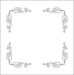 Black and white vegetal ornamental frame with Rudbeckien leaves and flowers, decorative border, corners for greeting cards, banners, business cards, invitations, menus. Isolated vector illustration.	
