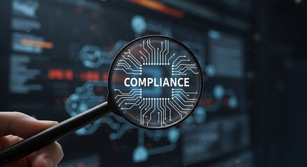 Compliance Check with Magnifying Glass on Futuristic Digital Background