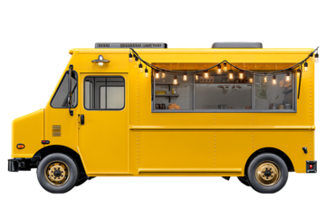 Side view of a bright yellow food truck with lights.