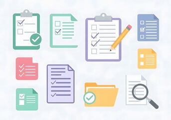 Collection of checklist and document icons with clipboard, pencil, folder, and magnifying glass for task management