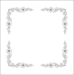 Black and white vegetal ornamental frame with poppy leaves and flowers, field flowers, decorative border, corners. Isolated vector illustration.	
