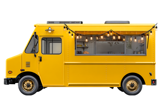 Side view of a bright yellow food truck with lights.