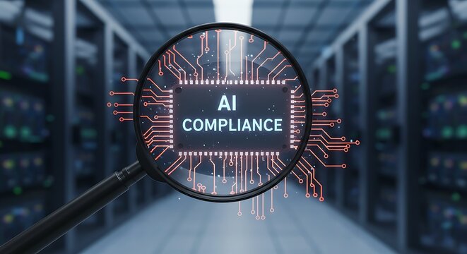 Magnifying Glass Inspecting Glowing Circuit Board in Server Room - Powered by Adobe