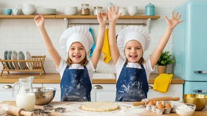 Two joyful young girls wearing chef hats and aprons, covered in flour, excitedly raise their hands while baking cookies in a bright, modern kitchen - Powered by Adobe