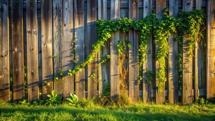 Golden Hour Illumination on a Rustic Wooden Fence Draped with Lush, Verdant Vines