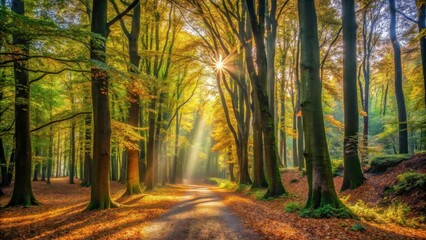 Golden Sunlight Illuminates Path Through Autumnal Woodland, Casting Rays Through Majestic Trees