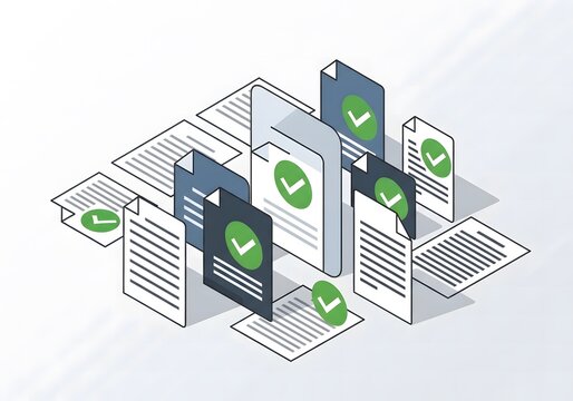 Isometric view of documents and papers with green checkmarks indicating approval and completion