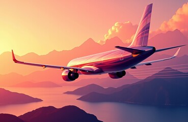 Fototapeta premium A commercial airplane flying over mountains during a colorful sunset