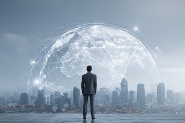 Businessman Viewing Digital Globe with City Skyline and Technology Connections. MZ 