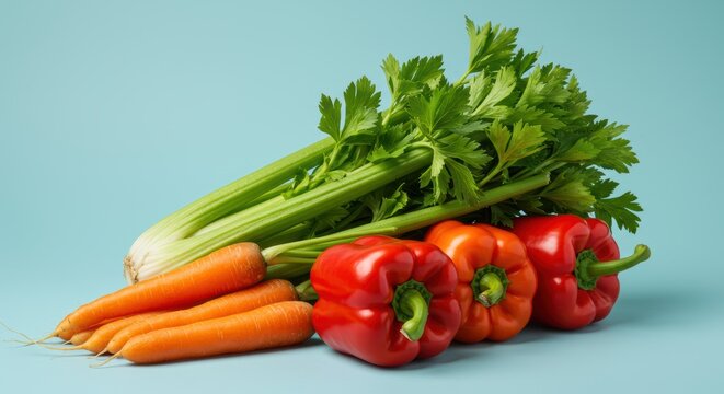 Vibrant fresh vegetables arranged on a blue background showcasing organic carrots celery and bell peppers for healthy lifestyle concepts