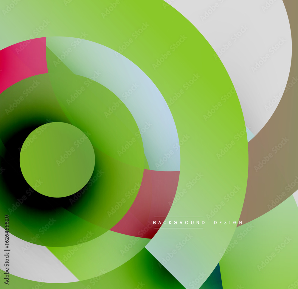 Poster abstract vibrant circles overlap creating dynamic visual effect. green dominates with accents pink, 