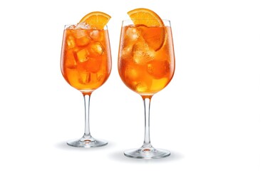 Two glasses filled with orange spritz cocktail beverage on gray countertop. Smaller glass in front, larger glass in background with orange slice on the side. Close-up view of refreshing drink.