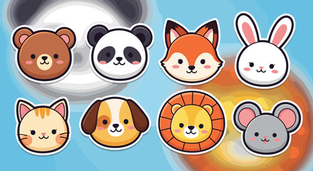 Cute Kawaii Animal Faces Set Featuring a Bear Panda Fox Rabbit Cat Dog Lion Mouse