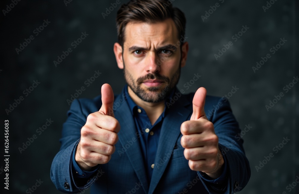 Poster man in formal attire giving a double thumbs-up gesture with a serious expression