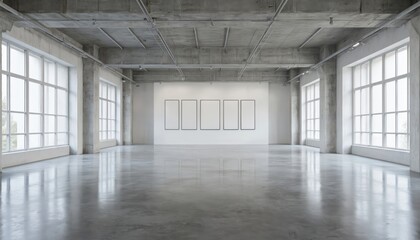 Spacious art gallery with neutral colors features industrial ceiling with exposed pipes, concrete floor. White walls, windows allow natural light to enter. Black sculpture on floor contrasts with