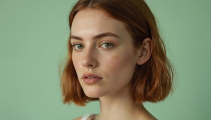 Young woman with long, straight red hair in white shirt against mint green background. Serious expression, close-up, natural makeup, smooth skin, elegant, feminine, stylish, contemporary, trendy,