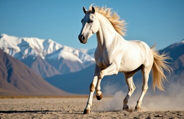 Obraz premium A white horse runs across a dry landscape with snow-capped mountains in the background