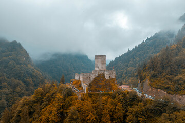 Historical Zilkale (Zil Kale) Castle located in Camlıhemsin, Rize and Kackar Mountains in the background