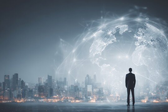 Businessman Viewing Digital Globe with City Skyline and Technology Connections. MZ - Powered by Adobe