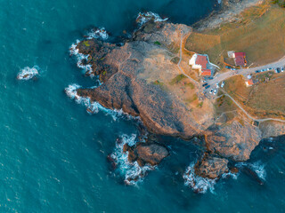 Inceburun Lighthouse in Sinop. Turkey. Inceburun is the northernmost point of the Turkey. Aerial shooting with drone.