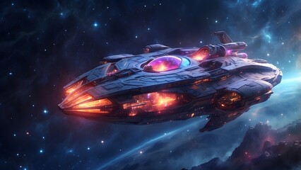 A mysterious glowing starship drifting through a nebula. Cinematic theme, HDR, Vibrant
