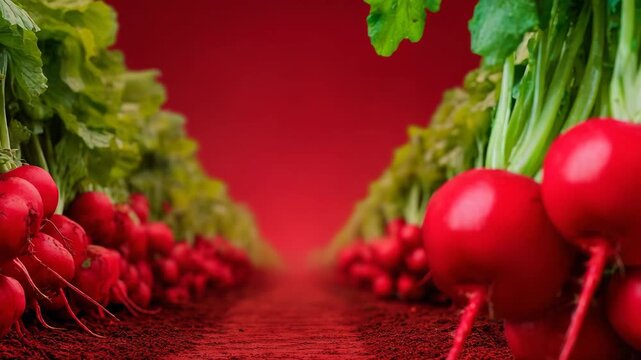 Bright red radishes with green leaves stretching into the distance in the beds. Perfect for advertising vegetables, organic produce or farmers markets.