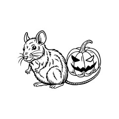 A black and white line art illustration of a small mouse sitting next to a carved Halloween pumpkin.