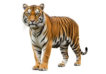 Full shot of a tiger against a black background.