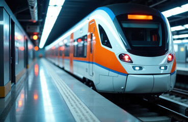 Modern orange and white subway train arriving at underground station with bright lighting and sleek design