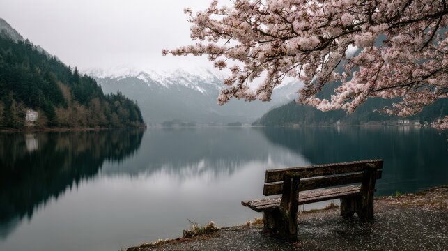 A lone bench overlooking a misty lake, cherry blossoms in full bloom, snow-capped mountains mirrored in the water, inviting contemplation and solitude