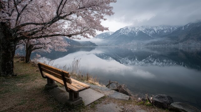 A lone bench overlooking a misty lake, cherry blossoms in full bloom, snow-capped mountains mirrored in the water, inviting contemplation and solitude