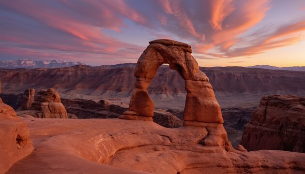 Arches National Park in Utah USA. Iconic red rock arch structure surrounded by geological rock formations. Orange, pink hues in sky. Sunset in background from high vantage point. Natural light - Powered by Adobe