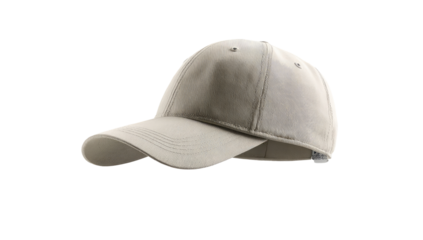 A light beige baseball cap, angled, sits on a plain background.  The cap features a curved bill and a flat crown