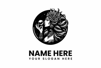 Obraz premium Ornate Crowned Woman Blowing Orb in Black and White Graphic Design.