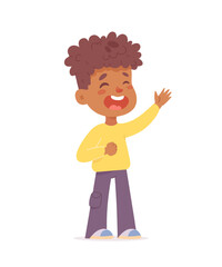 Smiling boy with curly hair in yellow shirt and purple pants. Cheerful child character raising one hand and laughing. Cute vector illustration on white background for kids and education themes.