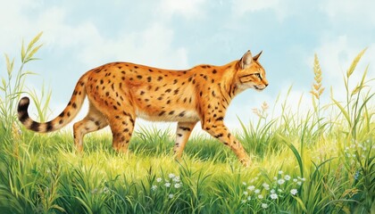 Obraz premium Leopard gecko with brown, orange spots walks on green grass with legs spread out. Geckos face forward in slow movement surrounded by white flowers creating vibrant background.
