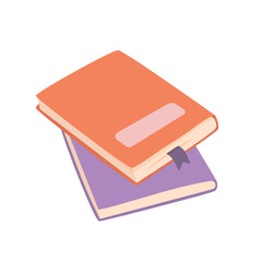 Stacked notebooks in orange and purple. Flat vector illustration of two closed books with bookmark, isolated on white background. School, study, office supplies, stationery concept.