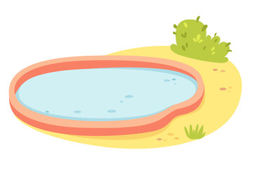 Zoo pool enclosure. Flat vector illustration of empty animal water habitat with small pond, sandy ground, and green bushes, isolated on white background. Wildlife, zoo design, habitat themes.
