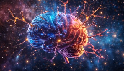 a vibrant, digitally rendered brain glows with blue and red hues amidst a cosmic, star-filled nebula, representing the complexity and energy of neurological processes.