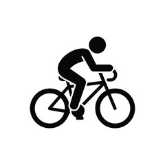 Simple black silhouette of a person riding a bicycle on a white background