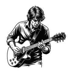 Solo artist performance - A striking black and white illustration of a man engrossed in playing an electric guitar.