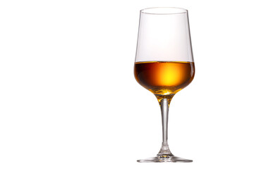 Glass of amber liquid, possibly sherry or whiskey.