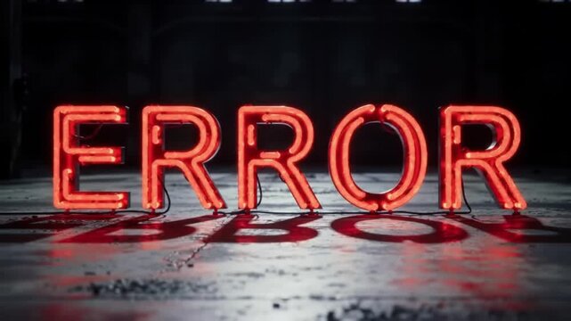 A bright red neon sign spelling the word ERROR glows in a dark, gritty room with reflections on the wet concrete floor, a concept for system failure.